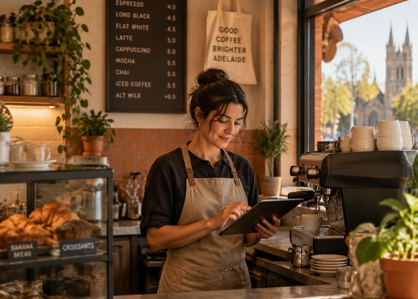 Cafe owner checking compliance tasks on a tablet